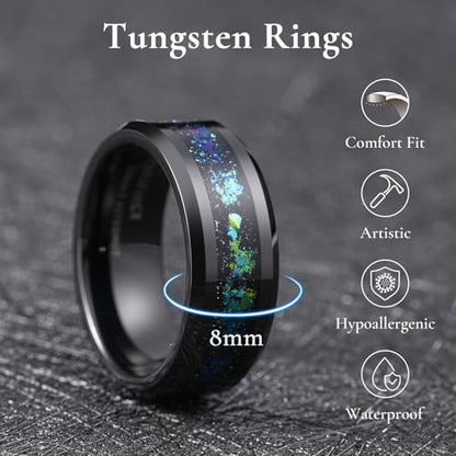 King Will Mens Wedding Band with Foils Inlay, Black/Silver/Gold Beveled Edge Glowstone Ring, 6mm/8mm Tungsten Carbide Rings Comfort Fit - color: Black&Teal-8mm