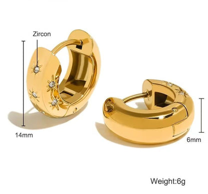 18K Gold Plated Stainless Steel Statement Earrings for Women - Trendy Hoops with Cubic Zirconia - Lightweight Non-Tarnish Waterproof Fashion Jewelry Gift - style: Star Burst Zircon Hoops