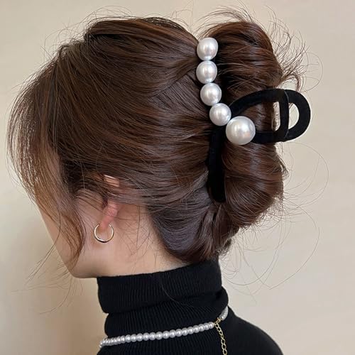 Jumwrit Large Pearl Hair Claw Clip Strong Hold Hair Jaw Clip Soft Black Velvet Hair Clamp Barrette Fashion Hair Styling Accessories for Women and Girls