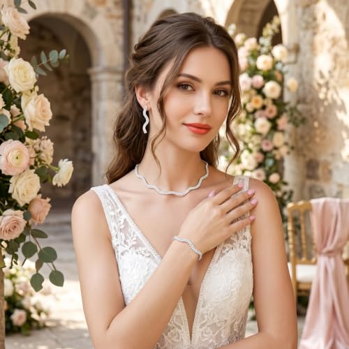 Rhinestone Bridal Jewelry Set, Choker Necklace Earrings Bracelet, Formal Wedding Prom Accessories for Women and Brides - color: silvery