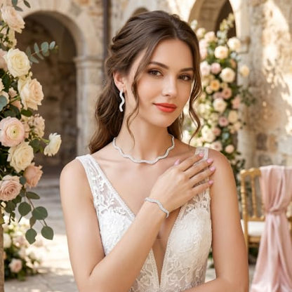 Rhinestone Bridal Jewelry Set, Choker Necklace Earrings Bracelet, Formal Wedding Prom Accessories for Women and Brides - color: silvery