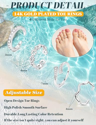 14K Gold Plated Toe Rings for Women Non Tarnish Adjustable Silver Gold Toe Ring Cubic Zirconia Daisy Flower Dainty Toe Rings Set Open Simple Band Ring Summer Beach Foot Jewelry - color: B-Silver