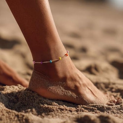 MEVECCO Anklet for Women Gold Chain 14K Gold Plated Dainty Boho Beach Summer Simple Foot Jewelry Ankle Bracelet - style: Enameled Multicolor Ball