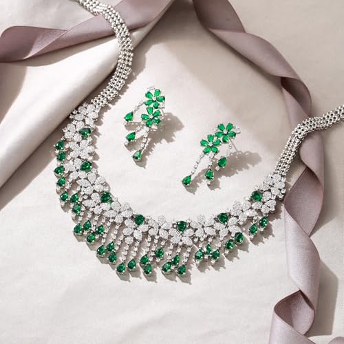 EVER FAITH Bridal Jewelry for Bride Bridesmaid, Elegant Cubic Zirconia Birthstone Cluster Flower Teardrop Wedding Party Necklace Dangle Earrings Sets for Women - color: Green