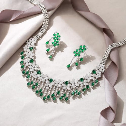 EVER FAITH Bridal Jewelry for Bride Bridesmaid, Elegant Cubic Zirconia Birthstone Cluster Flower Teardrop Wedding Party Necklace Dangle Earrings Sets for Women - color: Green