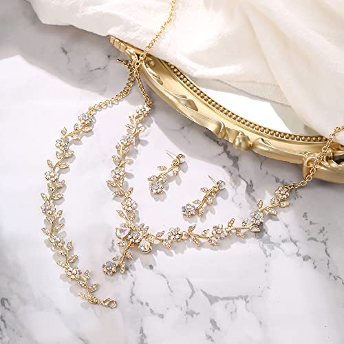 BriLove Women's Wedding Jewelry Set for Bride,Prom Bridal Accessories | Bling Crystal,Flower Leaf Cluster,Dangle Earrings Pendant Necklace Set,for Bridesmaid,Party Jewellery - color: 3Pcs-Iridescent AB Gold-Plated-Base