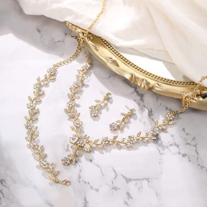 BriLove Women's Wedding Jewelry Set for Bride,Prom Bridal Accessories | Bling Crystal,Flower Leaf Cluster,Dangle Earrings Pendant Necklace Set,for Bridesmaid,Party Jewellery - color: 3Pcs-Iridescent AB Gold-Plated-Base