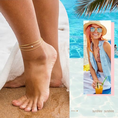 MPRAINBOW Waterproof Gold Anklets for Women - 14k Gold Plated Ankle Bracelets,Summer Beach Surf Foot Chain Multilayered Stacked Bracelet Anklet Set,Layered Trendy Jewelry for Girlfriend - color: Gold Herringbone Chain