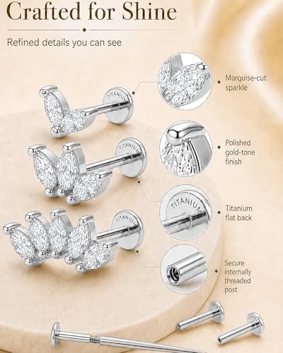 YACHY ASTM F136 G23 Titanium Flat Back Stud Earrings, Internally Threaded Screw-On Hypoallergenic Body Piercing Jewelry for Everyday Wear, Tragus Helix Conch Monroe Medusa Lip, 18G 6mm 8mm - color: Luna Laurel--3pcs+3bar--Silver, size: 6mm+8mm