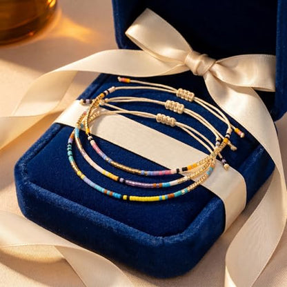 Seed Beaded String Rope Adjustable Bracelets Set for Women Men, Small Colorful Boho Rice 3Pcs Stack Handmade Thin Jewelry, Daily Beach Vacation Friendship Gift - color: Purple Blue G