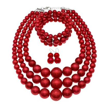 JNF Faux Pearl Statement Necklaces Big Beaded Necklace for Women Chunky Pearls Necklace and Earring Set Large beads Costume Necklace - color: Red pearl necklace set