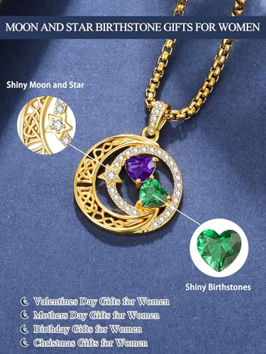 14K Gold Moon and Star Double Birthstone Necklace Gifts for Women | 2 Heart Birthstone Necklace,Mothers Day Wedding Anniversary Birthday Gifts for Wife Mom Daughter Grandma Sister - color: 02-05-Feb-May Birthstone