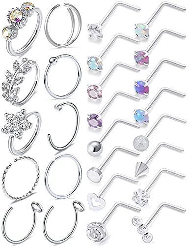 20G 18G 16G Cubic Zirconia Nose Rings Studs 316L Surgical Steel Hypoallergenic Nose Piercings Jewelry for Women Men CZ 2mm-3mm 24 Pcs - color: H:18G Screw + Silver Tone