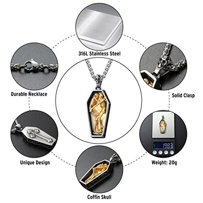 Skull Necklace for Men Stainless Steel Gothic Punk Emo Biker Necklace Jewelry for Men 60cm - style: Two-tone Coffin Skull