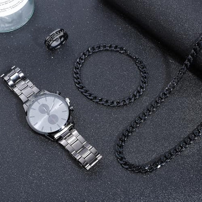 NEWITIN 4 Pieces Black Jewelry Set for Men Stainless Steel Watch Necklace Bracelet Ring Fashion Black Wristwatch Cuban Link Chain Cuban Jewelry Set for Men - color: Black