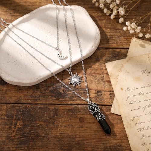 Gothic Emo Grunge Crescent Moon Layered Choker for Women | Boho Moon Sun Star Crystal Pendant Necklace, Punk Witchy Halloween Christmas Jewelry Accessories Gifts - color: Black