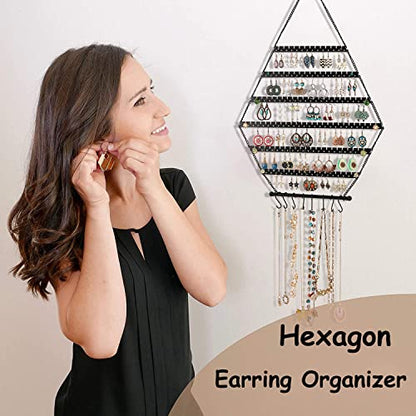 Hexagon Metal Hanging Earring Organizer,Hold 120 Pairs of Earrings | Earring Holder Wall Mounted,Hanging Wall Jewelry Holder Organizer for Earring Stud Hoop Dangle Bracelet Necklace - color: Black