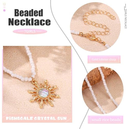 Tgirls Boho Beaded Choker Necklace Opal Bead Necklace Sun Pendant Summer Jewelry for Women - color: White