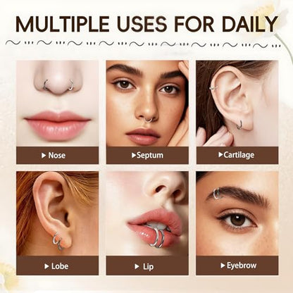 10Pcs Gold Nose Ring Hoop 18G/20G Clicker Nose Hoops Hypoallergenic Stainless Steel Nose Piercings Jewelry Gold Nose Jewelry Septum Helix Cartilage Lip Body Piercings for Women Men 7mm 8mm 9mm 10mm 12mm - color: Black and Silver-20G