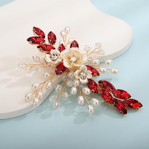 Xerling Red Rhinestones Crystal Flower Hair Barrettes Clip Boho Bridal Pearl Hair Jewelry Accessories for Women Wedding Floral Headpieces (Red) - color: Red