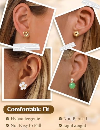 THUNARAZ 10Pairs Clip On Earrings for Women Lightweight Non Pierced Set | Hypoallergenic Gold Stud Earrings,Fake Earrings Set,Cute Pearl CZ Flower Cat Heart,Secure Clip Fit,Extra Soft Silicone Pads - style: goldA