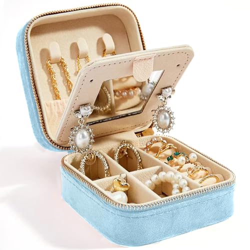 Smileshe Travel Jewelry Box with Mirror, Velvet Mini Case for Women Girls, Small Portable Gifts Organizer Boxes for Rings, Earrings, Necklaces, Bracelets - color: PlushVelvet-Blue