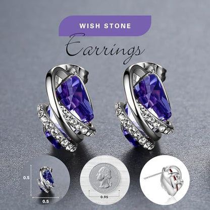 Gifts for Women, Wish Stone Stud Earrings with Birthstone Crystals, 18K Rose Gold Plated or Silver-tone - color: 202-February-Tanzanite Purple-Silvertone
