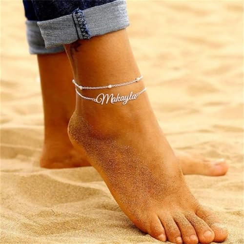 Custom Ankle for Women for Women 18K Gold Plated Adjustable Name Anklet Customized Beach Anklet Gifts - color: Name Anklet with Bead Chain
