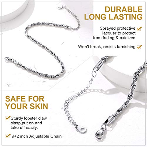 Adjustbale Link Chain Anklet for Women Summer Jewelry, 316L Stainless Steel Figaro/Wheat/Twist Rope/Cuban Foot Bracelet-Waterproof, Resizable 9"-12" (Gift Box Included) - color: 1, Rope - Stainless Steel