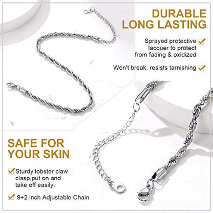 Adjustbale Link Chain Anklet for Women Summer Jewelry, 316L Stainless Steel Figaro/Wheat/Twist Rope/Cuban Foot Bracelet-Waterproof, Resizable 9"-12" (Gift Box Included) - color: 1, Rope - Stainless Steel