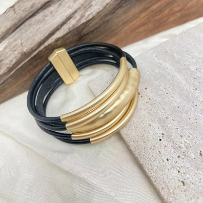 Bracelets for Women Leather Bracelet Multi-Layer Rope Wrap Bangle 14k Gold Plated Cirle Hollow Tube Boho Cuff Bangle Bracelets for Women Gift - style: Tube-Black Leather Bracelet