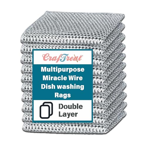 CrafTreat Non Scratch Wire Dishwashing Rag, 10 Pack Double Layer Reusable Wire Dishcloth, Silver Mesh Metal Cleaning Cloth for Pots, Pans, Sink, Steel Cookware, Wet & Dry Cleaning
