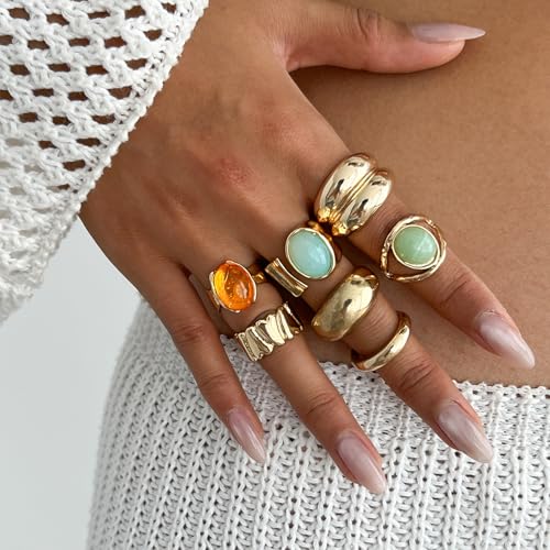 Chunky Rings for Women Stackable Vintage Adjustable Rings for Women Gold Statement Stone Ring Set Non Tarnish Vintage Jewelry - style: Gold 2