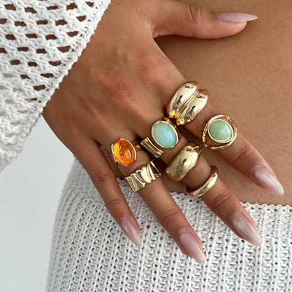 Chunky Rings for Women Stackable Vintage Adjustable Rings for Women Gold Statement Stone Ring Set Non Tarnish Vintage Jewelry - style: Gold 2
