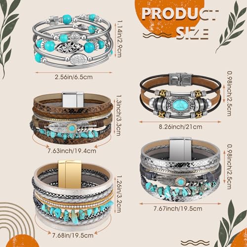 6 Pcs Turquoise Bracelet for Women Leather Bracelet Western Jewelry for Women Multilayer Boho Cuff Bangle Set - style: Classic