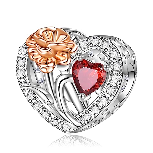 Birth Flower Birthstone Charm for Pandora Charms Bracelets Necklace 925 Sterling Silver Heart Love Charm Birthday Mother's Day Christmas Jewelry Gifts - color: 01-January