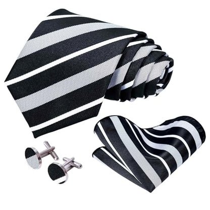 5PCS Mens Silk Tie, Pocket Square, Cufflinks, Drilled Tie Ring and Lapel Pin Set for Wedding Groom Party - color: Black White Tie Set -242