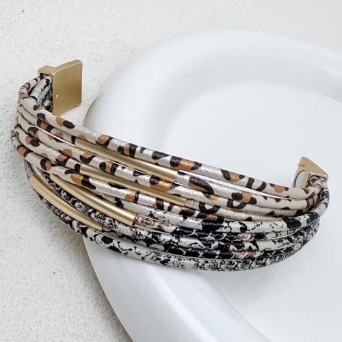 Bracelets for Women Leather Bracelet Multi-Layer Rope Wrap Bangle 14k Gold Plated Cirle Hollow Tube Boho Cuff Bangle Bracelets for Women Gift - style: Animal Print Bracelet