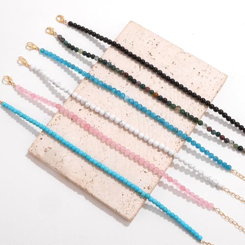 Natural Stone Beaded Anklets for Women, Handmade Boho Clear Quartz 4mm Crystal Beads Anklet, Gold Chain Adjustable Ankles Bracelet, Beach Summer Jewelry Gemstone Foot Bracelet Gift - color: Black Obsidian