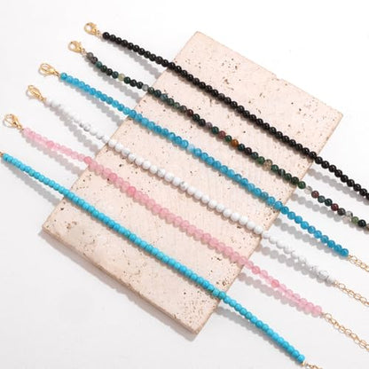 Natural Stone Beaded Anklets for Women, Handmade Boho Clear Quartz 4mm Crystal Beads Anklet, Gold Chain Adjustable Ankles Bracelet, Beach Summer Jewelry Gemstone Foot Bracelet Gift - color: Black Obsidian