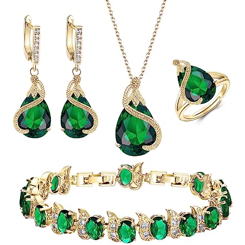 EVER FAITH Wedding Jewelry Set for Bride Bridesmaid, Glamour Teardrop Cubic Zirconia Pendant Necklace Earrings Tennis Bracelet Open Ring Sets for Birthday/Valentine's Day/Mother's Day/Christmas - color: A_Green Gold-Plated-Brass