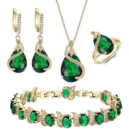 EVER FAITH Wedding Jewelry Set for Bride Bridesmaid, Glamour Teardrop Cubic Zirconia Pendant Necklace Earrings Tennis Bracelet Open Ring Sets for Birthday/Valentine's Day/Mother's Day/Christmas - color: A_Green Gold-Plated-Brass