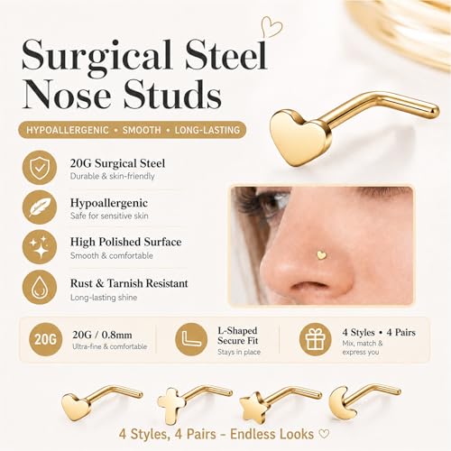 20G Nose Rings for Women, L Shaped Nostril Piercing Studs | 316L Stainless Steel, 0.8 mm×7 mm, 2 mm CZ or 3-4 mm Heart, Star, Moon and Cross, Gold-Tone or Silver-tone, Daily Wear - style: Gold Style B