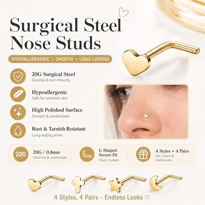 20G Nose Rings for Women, L Shaped Nostril Piercing Studs | 316L Stainless Steel, 0.8 mm×7 mm, 2 mm CZ or 3-4 mm Heart, Star, Moon and Cross, Gold-Tone or Silver-tone, Daily Wear - style: Gold Style B