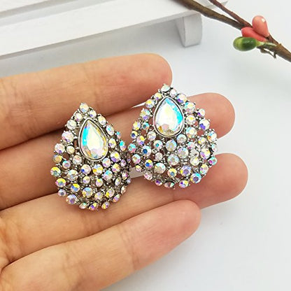 SELOVO Rhinestone Teardrop Big Stud Earrings Clip On Earrings - color: clear AB