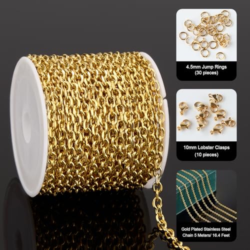 UMAOKANG 16.4 Feet Gold Plated Stainless Steel Chains for Jewelry Making | PVD Gold Plating Cable Jewelry Chain Roll with Jewelry Findings for Necklace Bracelet DIY - color: 1.0 Gold Cable
