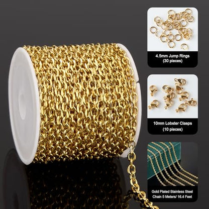 UMAOKANG 16.4 Feet Gold Plated Stainless Steel Chains for Jewelry Making | PVD Gold Plating Cable Jewelry Chain Roll with Jewelry Findings for Necklace Bracelet DIY - color: 1.0 Gold Cable