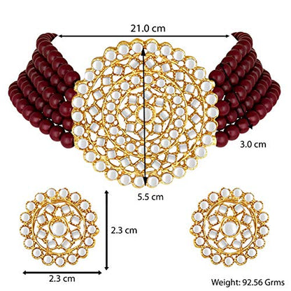 Aheli Pearl Diamond Choker Necklace & Round Earrings Gift for Women Indian Traditional Bollywood Fashion Bharatanatyam jewellery set - color: Maroon 3