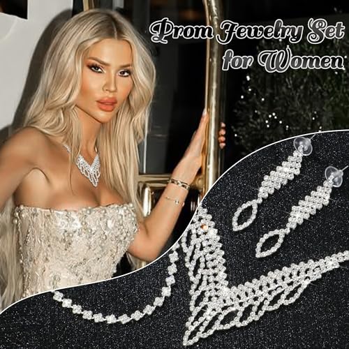 Rhinestone Jewelry Set Crystal Pearl Necklace Bracelet Earrings | Sparkly Necklace Dangle Earrings,Wedding Prom Formal Costume Jewelry Sets for Women - color: Silver5