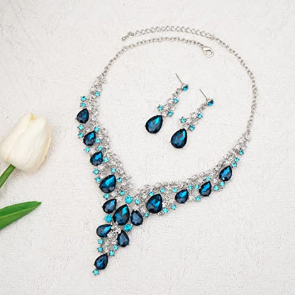 CSY Elegant Crystal Costume Jewelry Sets Flower Bridal Necklace Earrings Stretch Bangle Set for Bride Bridesmaid Wedding Dress Accessories - color: lake blue crystal-platinum tone